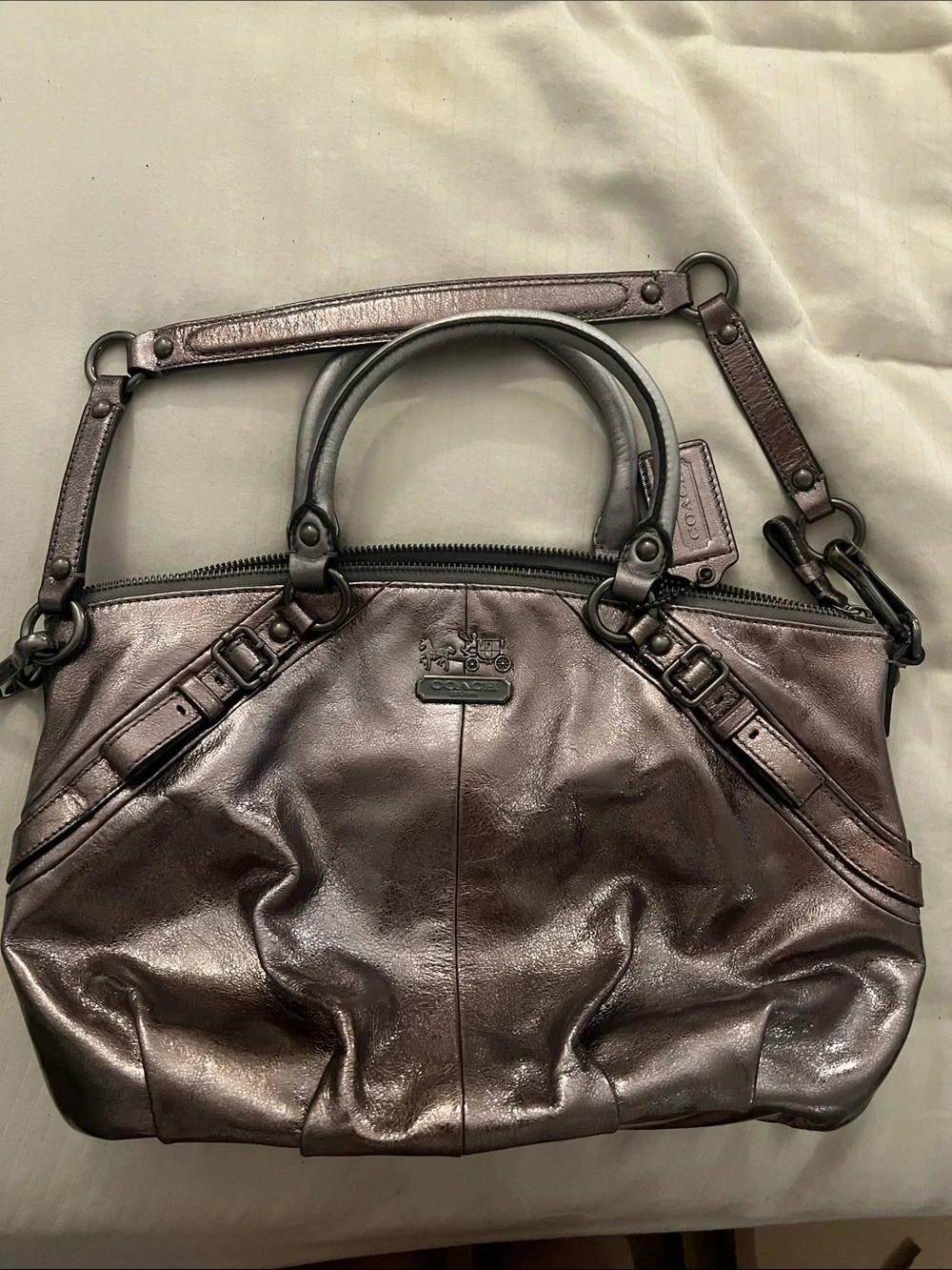 Coach Metallic Pewter Leather Shoulder Satchel - Pewter Madison Collection